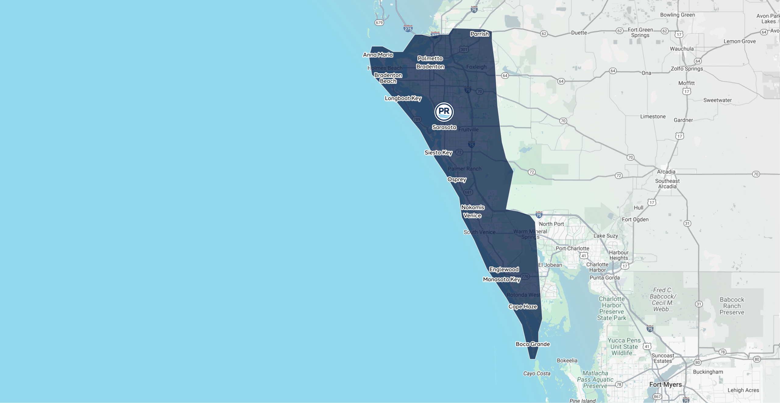 Sarasota County map highlighting coastal cities.