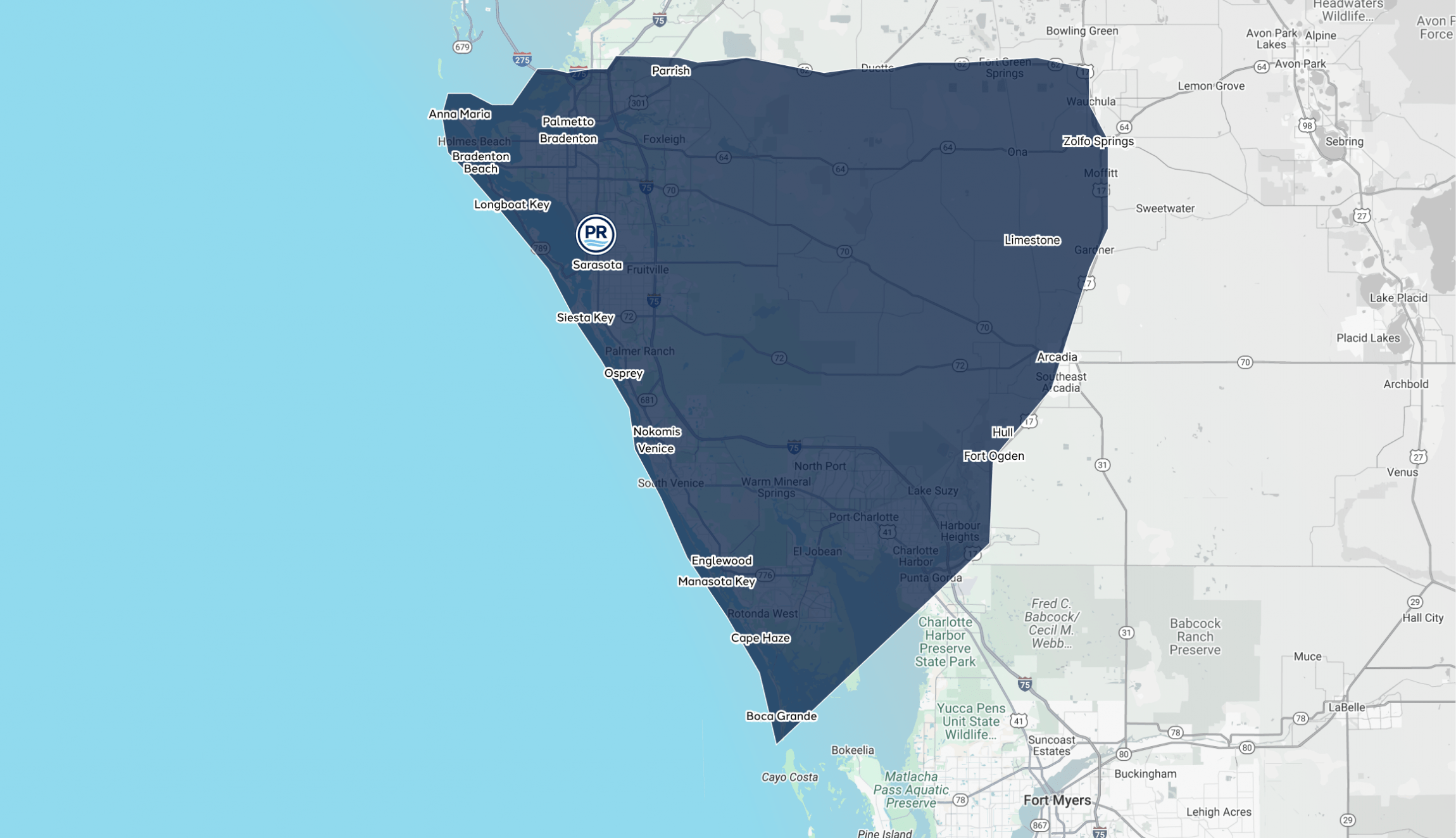 Map highlighting Sarasota and surrounding areas in Florida.