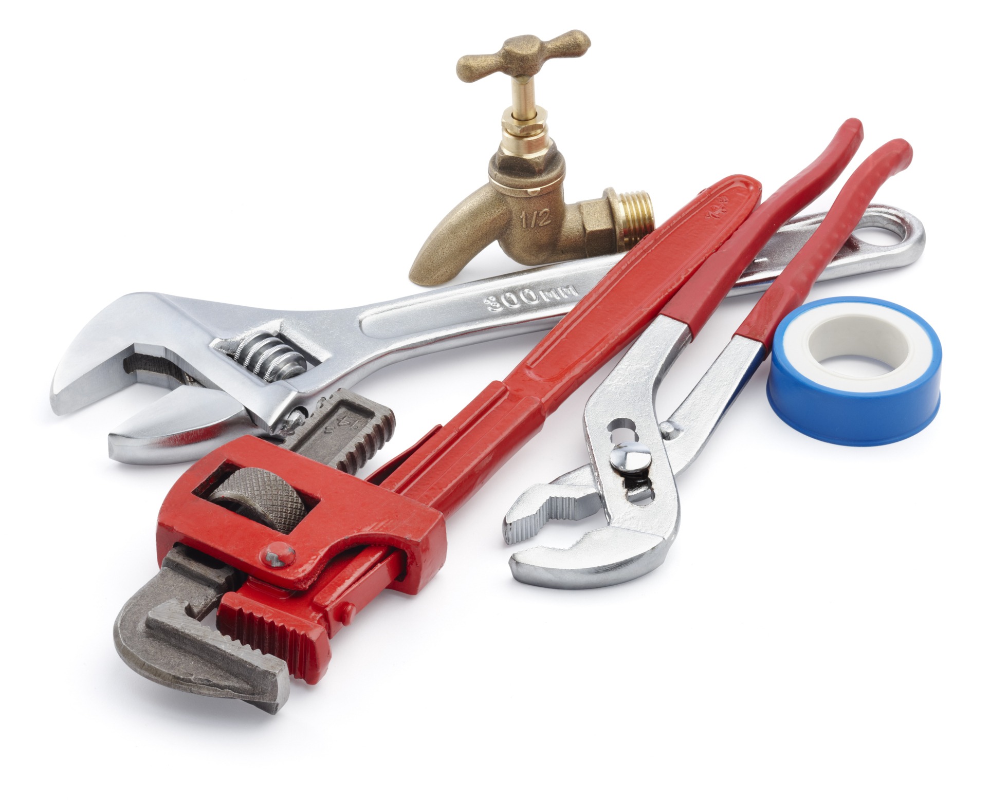 Plumbing tools including wrench, tape, and faucet valve.